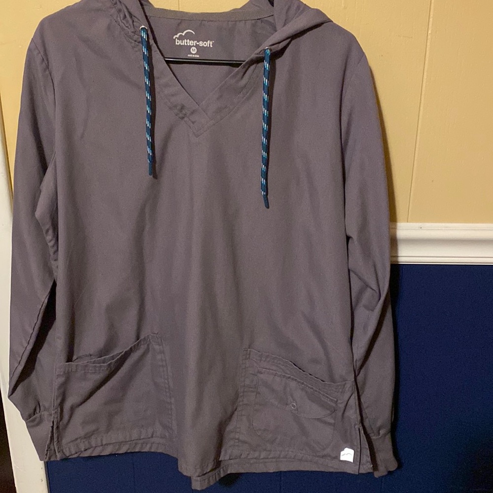 Butter-soft scrub hoodie, size medium, charcoal grey